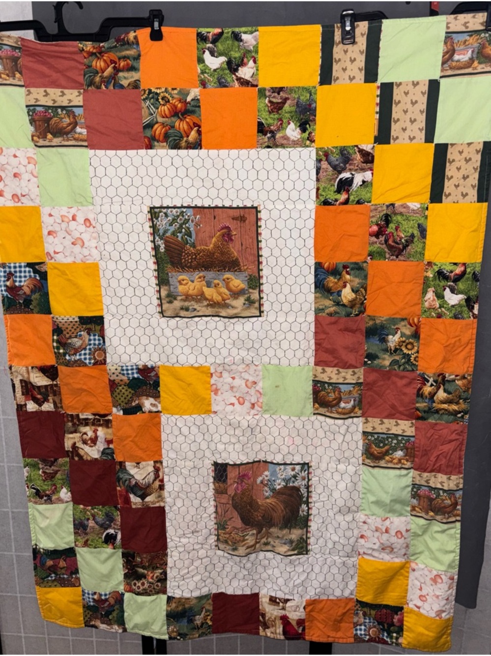 Farm Scene Handmade Small Quilt Blanket Chicken Wire Rooster Eggs 42x56 Cottage